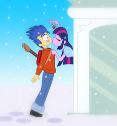 Size: 1424x1544 | Tagged: safe, artist:bbbhuey, flash sentry, twilight sparkle, human, equestria girls, g4, blushing, christmas, eyes closed, holly, holly mistaken for mistletoe, kiss on the lips, kissing, male, ship:flashlight, shipping, snow, snowfall, straight