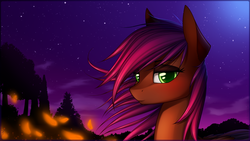 Size: 1600x900 | Tagged: safe, artist:xn-d, oc, oc only, oc:evening howler, pony, blushing, night, smiling, solo, windswept mane