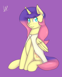 Size: 2500x3121 | Tagged: safe, artist:wolfy-pony, oc, oc only, oc:solaria, alicorn, pony, alicorn oc, blushing, cloak, clothes, ear piercing, earring, high res, jewelry, piercing, signature, simple background, smiling, solo