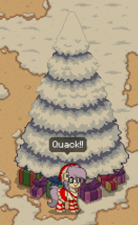 Size: 293x479 | Tagged: safe, oc, oc only, oc:lucky duck, pony, pony town, christmas, christmas tree, clothes, present, quack, snow, socks, solo, striped socks, tree