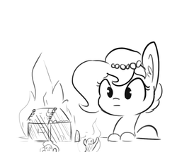 Size: 935x807 | Tagged: safe, artist:tjpones, oc, oc only, oc:brownie bun, earth pony, pony, horse wife, :|, burning, ear fluff, female, fire, gingerbread house, gingerbread man, grayscale, mare, monochrome, simple background, solo, white background