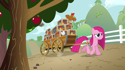 Size: 1280x720 | Tagged: safe, screencap, pinkie pie, bird, chicken, earth pony, pony, g4, magical mystery cure, apple, apple tree, cart, female, fence, food, hill, mare, tree
