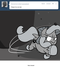 Size: 666x800 | Tagged: safe, artist:egophiliac, princess luna, moonstuck, g4, cartographer's cap, filly, grayscale, hat, monochrome, press x to not die, rock, woona, younger