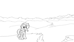 Size: 4500x2550 | Tagged: safe, artist:jaomt2015, sunset shimmer, pony, g4, cliff, female, high res, lineart, monochrome, scenery, solo