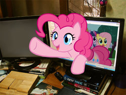 Size: 909x682 | Tagged: dead source, safe, artist:apzzang, fluttershy, pinkie pie, twilight sparkle, g4, book, fourth wall, irl, monitor, mousepad, photo, ponies in real life