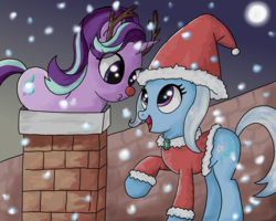 Size: 850x680 | Tagged: safe, artist:ehfkdl569, starlight glimmer, trixie, pony, unicorn, g4, antlers, chimney, clothes, costume, female, full moon, looking at each other, mare, moon, night, open mouth, raised hoof, reindeer antlers, roof, rudolph nose, santa costume, smiling, snow, snowfall