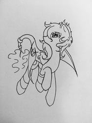 Size: 3024x4032 | Tagged: safe, artist:adetuddymax, oc, oc only, oc:black frost, bat pony, pony, dragon tail, female, high res, looking up, request, solo, traditional art