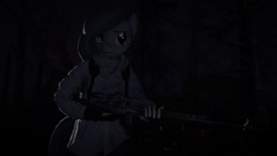 Size: 1920x1080 | Tagged: safe, artist:facelesssoles, marble pie, earth pony, anthro, g4, 3d, dark, female, gun, optical sight, rifle, sniper rifle, solo, tree, weapon