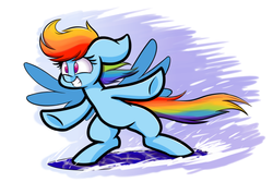 Size: 3000x2000 | Tagged: safe, artist:heir-of-rick, rainbow dash, pegasus, pony, g4, bipedal, cute, dashabetes, female, grin, high res, impossibly large ears, mare, smiling, snow, snowboard, snowboarding, solo, spread wings, underhoof