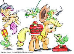 Size: 1024x741 | Tagged: dead source, safe, artist:jcosneverexisted, applejack, scootaloo, earth pony, pegasus, pony, snivy, g4, cake, female, filly, food, hat, headphones, mare, pokémon, present