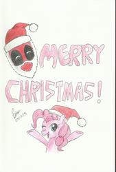 Size: 1579x2338 | Tagged: safe, artist:brianchoobrony-artie, pinkie pie, g4, crossover, deadpool, hat, merry christmas, santa hat, traditional art