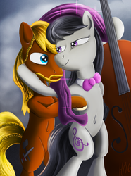 Size: 873x1175 | Tagged: safe, artist:jphyperx, octavia melody, oc, pony, g4, beard, belly button, bipedal, bowtie, canon x oc, cello, duo, facial hair, musical instrument, shipping