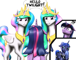 Size: 1280x1024 | Tagged: safe, artist:vasillium, princess celestia, princess luna, twilight sparkle, alicorn, pony, g4, alternate hairstyle, floppy ears, frown, grin, raised hoof, self ponidox, shocked, simple background, smiling, squee, transparent background, twilight sparkle (alicorn), wide eyes