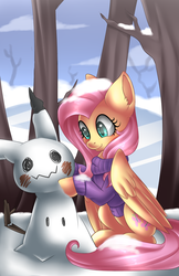Size: 1948x3000 | Tagged: safe, artist:scarlet-spectrum, fluttershy, mimikyu, pegasus, pony, g4, blush sticker, blushing, bottomless, clothes, colored pupils, cute, digital art, disguise, ear fluff, female, mare, nintendo, partial nudity, pokémon, scenery, shyabetes, sitting, smiling, snow, snowman, solo, sweater, sweatershy