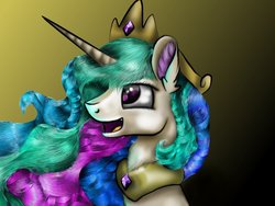 Size: 1024x768 | Tagged: safe, artist:neonspirit17, princess celestia, pony, g4, bust, cute, female, fluffy, gradient background, open mouth, sitting, smiling, solo