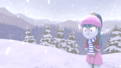 Size: 1920x1080 | Tagged: safe, artist:blumppidy, sonata dusk, equestria girls, g4, 3d, beanie, clothes, cold, cold weather, female, forest, freezing, gritted teeth, hat, mountain, scarf, shivering, snow, snowfall, solo, wide eyes, winter