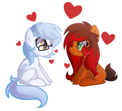 Size: 1898x1728 | Tagged: safe, artist:drawntildawn, oc, oc only, pegasus, pony, duo, fangs, female, heart, lesbian, oc x oc, shipping, simple background, transparent background