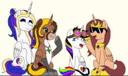 Size: 2684x1596 | Tagged: safe, artist:flawlessvictory20, oc, oc only, oc:fallenwish, oc:lightning bliss, oc:princess heather blossom, oc:pristine, alicorn, pony, alicorn oc, brony analyst, crying, cutie mark, eyes closed, goggles, laughing, pegasister, simple background, smiling, sunglasses, tears of laughter