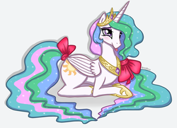 Size: 1024x743 | Tagged: safe, artist:krotoreese, princess celestia, pony, g4, bow, female, hair bow, prone, ribbon, simple background, solo, tail bow, tongue out
