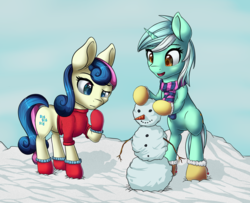 Size: 2946x2394 | Tagged: safe, artist:itresad, bon bon, lyra heartstrings, sweetie drops, earth pony, pony, g4, bipedal, clothes, confused, high res, mittens, open mouth, raised hoof, scarf, smiling, snow, snowman, stick, sweater, winter outfit