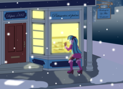Size: 3509x2550 | Tagged: safe, artist:zefrenchm, sonata dusk, equestria girls, g4, bakery, earmuffs, female, french, high res, loose hair, night, snow, snowfall, solo, window, winter