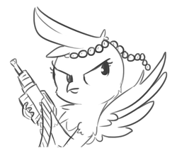 Size: 935x807 | Tagged: safe, artist:tjpones, oc, oc only, oc:gerdie, griffon, griffon oc, gun, headband, jewelry, monochrome, necklace, pearl necklace, rambo, rifle, simple background, sketch, solo, weapon, white background