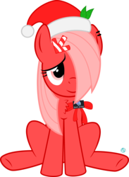 Size: 1800x2463 | Tagged: safe, artist:arifproject, oc, oc only, oc:downvote, pony, derpibooru, g4, derpibooru ponified, ear piercing, hair over one eye, hat, leaf, looking up, meta, piercing, ponified, ribbon, santa hat, simple background, solo, transparent background, vector