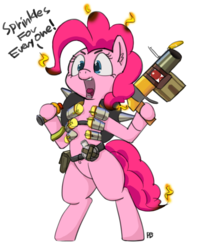 Size: 1280x1568 | Tagged: safe, artist:longren, artist:pabbley, color edit, edit, pinkie pie, earth pony, pony, g4, bipedal, colored, crossover, cute, dialogue, diapinkes, ear fluff, explosives, female, grenade launcher, junkrat, overwatch, pinkrat, simple background, solo, weapon, yelling
