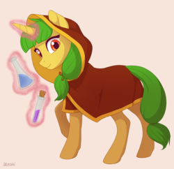 Size: 1024x991 | Tagged: safe, artist:akeahi, oc, oc only, oc:prima, pony, unicorn, cork, female, hair tie, magic, mare, potion, simple background, solo, vial