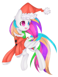 Size: 967x1274 | Tagged: safe, artist:clefficia, oc, oc only, oc:starblaze, pegasus, pony, clothes, colored wings, costume, female, hat, heterochromia, mare, multicolored wings, santa costume, santa hat, simple background, solo, transparent background