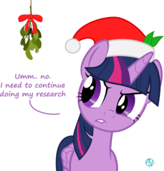 Size: 2030x2117 | Tagged: safe, artist:arifproject, part of a set, twilight sparkle, alicorn, pony, g4, arif's mistletoe pone, christmas, denied, dialogue, female, folded wings, hat, high res, leaf, mare, mistletoe, ribbon, santa hat, simple background, solo, transparent background, twilight sparkle (alicorn), vector