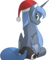 Size: 1660x2000 | Tagged: safe, artist:vinaramic, princess luna, alicorn, pony, g4, back, both cutie marks, butt, christmas, colored wings, colored wingtips, cute, female, frown, grumpy, hat, holiday, lidded eyes, looking at you, looking back, lunabetes, mare, moonbutt, plot, pouting, santa hat, simple background, sitting, solo, transparent background