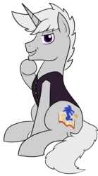 Size: 983x1765 | Tagged: safe, artist:feralroku, derpibooru exclusive, oc, oc only, oc:mythos gray, pony, unicorn, clothes, looking at you, male, request, simple background, sitting, smiling, solo, transparent background, vest