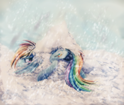 Size: 1896x1600 | Tagged: safe, artist:ferasor, rainbow dash, pony, g4, backwards cutie mark, crash, female, frown, rainbow crash, rainbutt dash, snow, snowfall, solo, underhoof