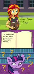 Size: 1024x2204 | Tagged: safe, artist:becca-the-baka, sunset shimmer, twilight sparkle, equestria girls, g4, comic, confused, implied sunsetsparkle, question mark, sunset shimmer's book, twilight sparkle (alicorn)