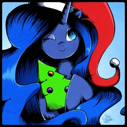 Size: 1000x1000 | Tagged: safe, artist:yugovostok, princess luna, pony, g4, female, hat, looking at you, one eye closed, santa hat, simple background, smiling, solo, wink