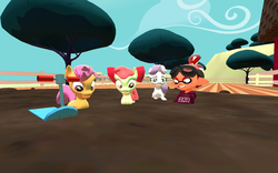 Size: 1680x1050 | Tagged: safe, artist:123emilymason, apple bloom, scootaloo, sweetie belle, inkling, g4, 3d, cutie mark crusaders, gmod, mud, quicksand, sinking, splatoon