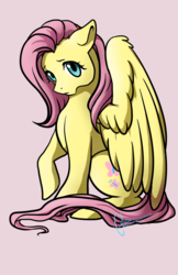 Size: 1024x1582 | Tagged: safe, artist:melbaka, fluttershy, pony, g4, female, floppy ears, frown, looking at you, raised hoof, shy, simple background, sitting, solo, spread wings, white background