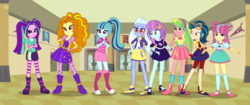 Size: 7141x3000 | Tagged: safe, artist:limedazzle, artist:themexicanpunisher, artist:theshadowstone, adagio dazzle, aria blaze, indigo zap, lemon zest, sonata dusk, sour sweet, sugarcoat, sunny flare, equestria girls, g4, absurd resolution, alternate clothes, alternate hairstyle, alternate universe, boots, canterlot high, clothes, door, glasses, goggles, good, necktie, pigtails, ponytail, shadow five, show accurate, skirt, the dazzlings, twintails, wondercolts