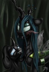 Size: 1099x1600 | Tagged: safe, artist:dsc-the-artist, queen chrysalis, changeling, changeling queen, g4, fangs, female, imminent vore, kitchen eyes, licking, licking lips, sad, tongue out