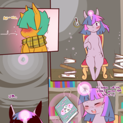 Size: 1200x1200 | Tagged: safe, artist:cold-blooded-twilight, snails, twilight sparkle, alicorn, pony, ask glitter shell, cold blooded twilight, comic:when aero met glitter, g4, blushing, clothes, comic, crossdressing, explicit source, glitter shell, magic, scarf, skirt, tumblr, twilight sparkle (alicorn), twilight's castle