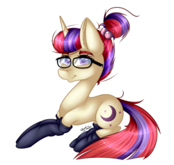 Size: 3739x3550 | Tagged: safe, artist:quiladess, moondancer, pony, g4, clothes, female, glasses, high res, prone, simple background, socks, solo, transparent background