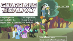 Size: 1280x720 | Tagged: safe, edit, edited screencap, screencap, discord, starlight glimmer, thorax, trixie, pony, unicorn, g4, to where and back again, female, gamora, groot, guardians of the galaxy, mare, reformed four, rocket raccoon, star-lord, trixie's hat