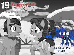 Size: 1024x768 | Tagged: safe, artist:bronybyexception, filthy rich, princess luna, spoiled rich, alicorn, earth pony, pony, g4, advent calendar, angry, christmas, hearth's warming eve, it's a wonderful life, monochrome, overprotective, possessive, ship:spoilthy, spoiled milk, this will end in tears, this will end in tears and/or a journey to the moon, this will not end well, younger