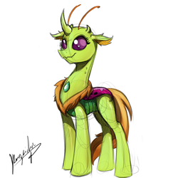 Size: 1000x1000 | Tagged: safe, artist:kennzeichen, thorax, changedling, changeling, changeling queen, g4, to where and back again, female, king thorax, looking at you, mesosoma, queen mesosoma, rule 63, simple background, smiling, solo, white background
