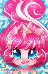 Size: 900x1391 | Tagged: safe, artist:starshinebeast, oc, oc only, oc:sugar spell, pony, unicorn, bow, cookie, cute, food, hair bow, mouth hold, pink, solo