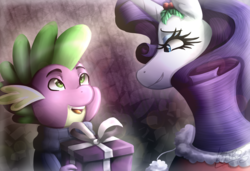 Size: 1996x1363 | Tagged: safe, artist:monnarcha, part of a set, rarity, spike, g4, clothes, holly, male, present, ship:sparity, shipping, straight, sweater