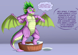 Size: 1754x1240 | Tagged: safe, artist:exelzior, spike, dragon, g4, adult spike, basket, eyebrows, growth, male, older, shocked, solo, spread wings, teenaged dragon, thought bubble, winged spike, wings