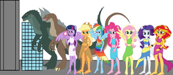 Size: 2126x927 | Tagged: safe, artist:kingshisa08, artist:osipush, applejack, fluttershy, pinkie pie, rainbow dash, rarity, sunset shimmer, twilight sparkle, human, kaiju, equestria girls, g4, building, eqg giants, giant human, godzilla (gts), humane five, humane seven, humane six, komodithrax, macro, mane six, ponied up, size comparison, zilla junior