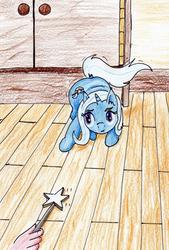 Size: 1929x2847 | Tagged: safe, artist:40kponyguy, derpibooru exclusive, trixie, human, pony, unicorn, g4, behaving like a cat, cute, female, hand, imminent pounce, mare, offscreen character, pony pet, solo focus, traditional art, wand, wooden floor